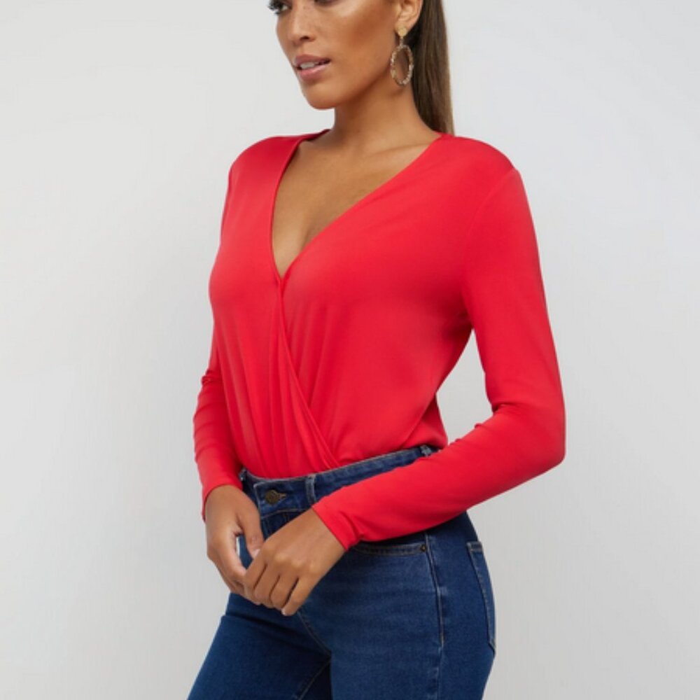 NWT New York & Company Red V-Neck Wrap Long Sleeve Bodysuit Size XXL